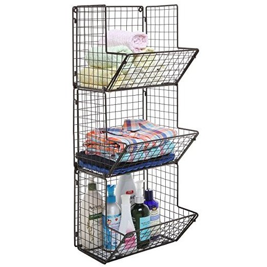 Metal Wire 3 Tier Wall Mounted Kitchen Fruit / Bathroom Towel Baskets Shelves