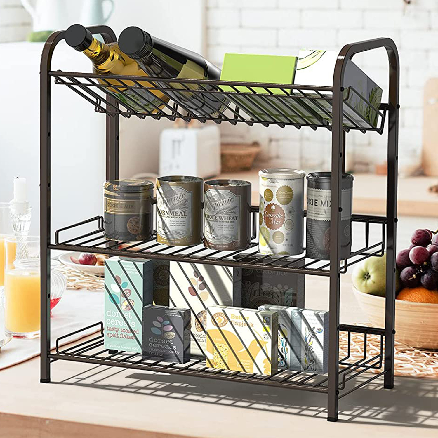 3-Tier Adjustable Spice Shelf Rack, Expandable Countertop Seasoning Bottle Holder Organizer for Cabinet