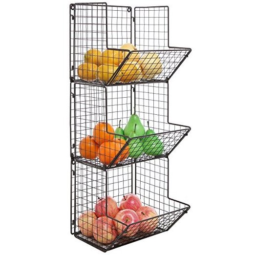 Metal Wire 3 Tier Wall Mounted Kitchen Fruit / Bathroom Towel Baskets Shelves