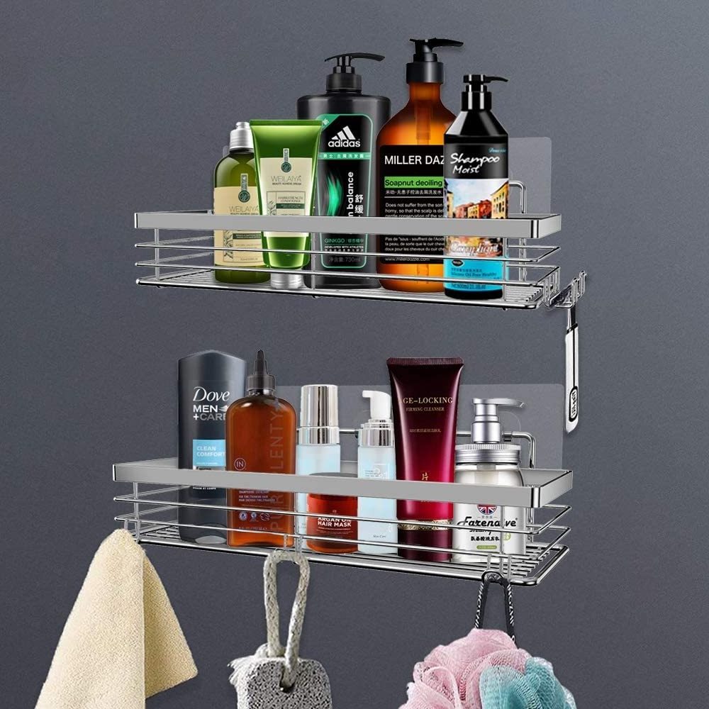 Adhesive Shower Shelf Stainless Steel Shower Caddy Kitchen Storage Organizer with 5 Hooks for Hanging Razor and Sponge