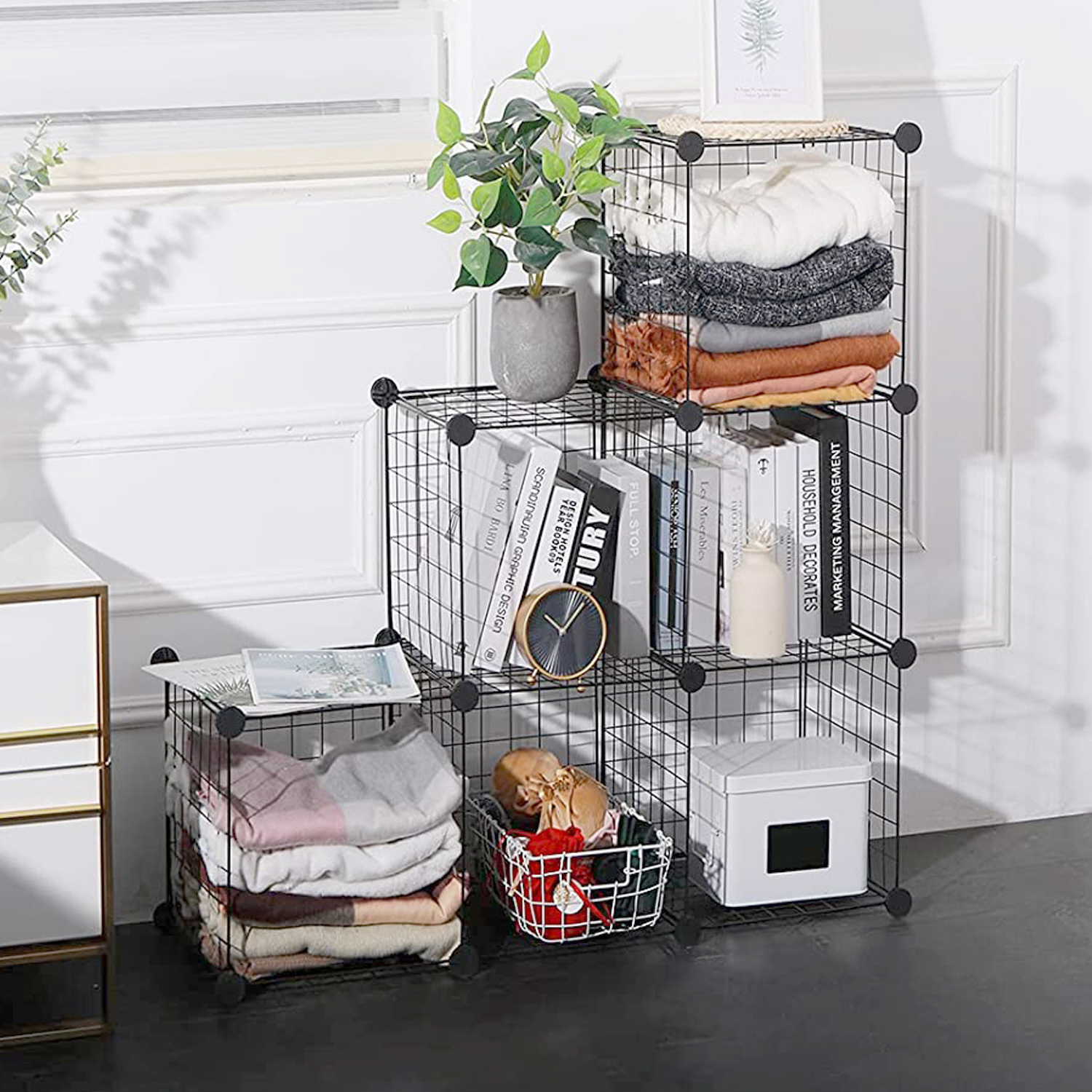 Home, Office and Kids Room Metal wire mesh Stackable Bookcase Adjustable 6 Cubes Closet Organizer Storage Shelves Cubes