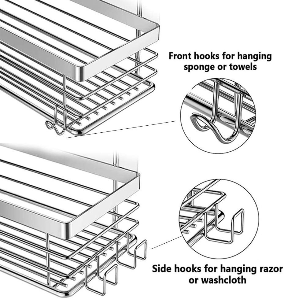 Adhesive Shower Shelf Stainless Steel Shower Caddy Kitchen Storage Organizer with 5 Hooks for Hanging Razor and Sponge