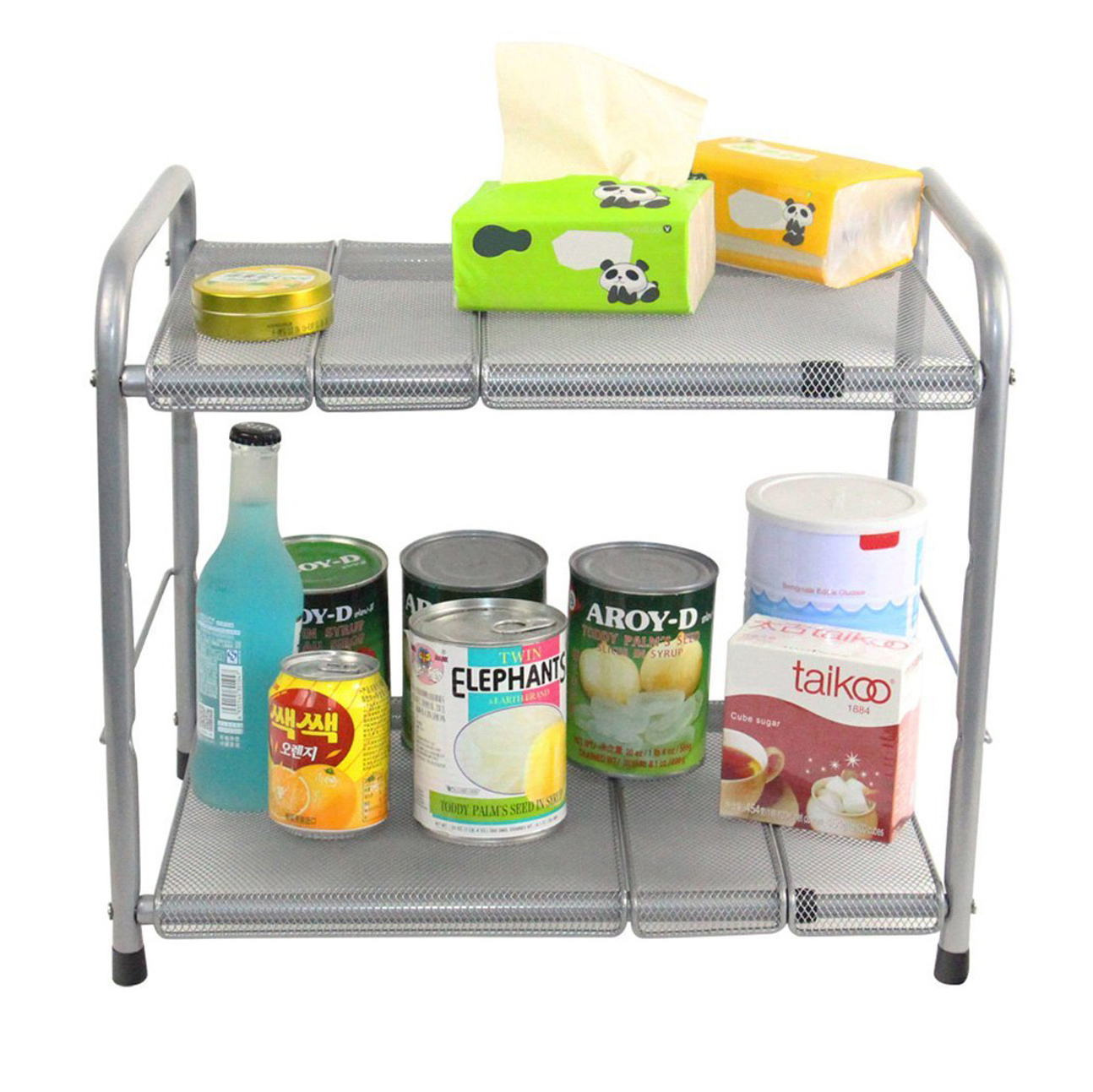 Under Sink 2 Tiers Expandable Shelf Pantry Organizer with 6 Metal Removable Panels