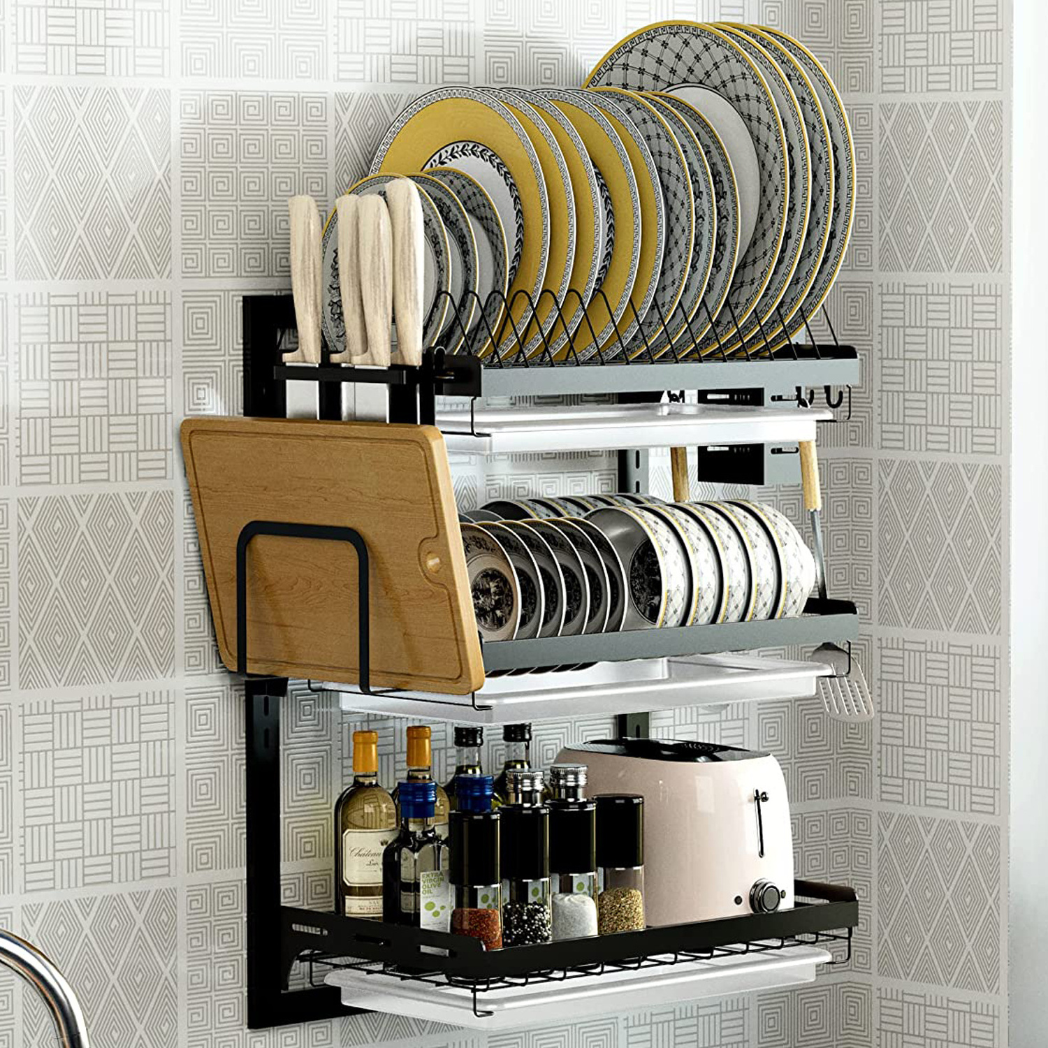 Large Wall Mounted 3 Tier Dish Rack Hanging Stainless Steel Dish Drying Rack with Utensil Organizer