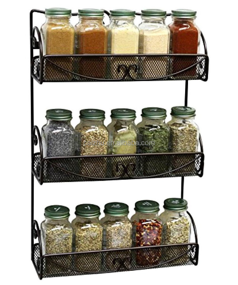 Black Scroll Storage 3 Tier Shelf Kitchen Wall Mount Spice Rack Spice Jar Organizer