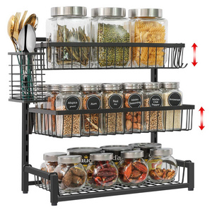 Wall Mounted or Countertop 3 Tier Spice Rack with 5 Hooks Condiment Bottle Holder for Kitchen Bathroom Storage Shelf