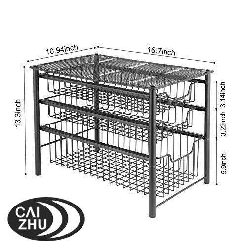 3 Tiers Steel Wire Stackable Sliding Basket Drawer Organizer Cabinet Pull Out Storage Basket Under Sink Organizer