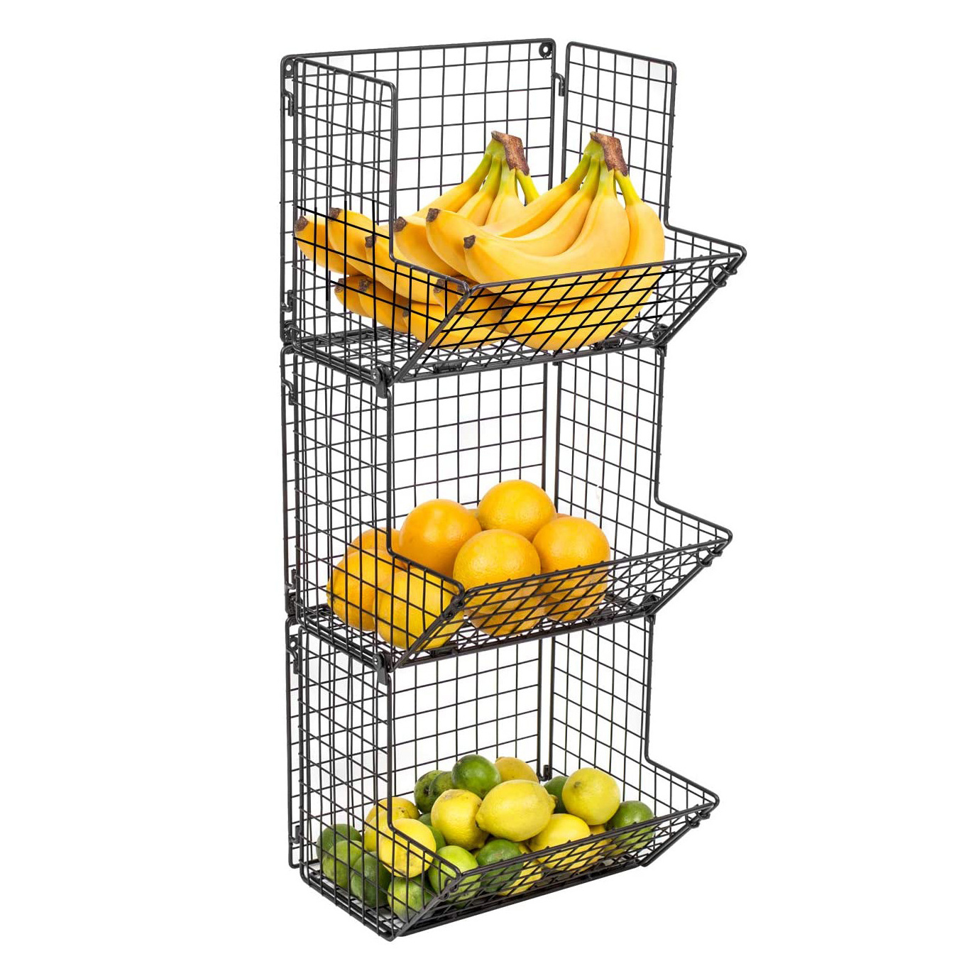 Metal Wire 3 Tier Wall Mounted Kitchen Fruit / Bathroom Towel Baskets Shelves