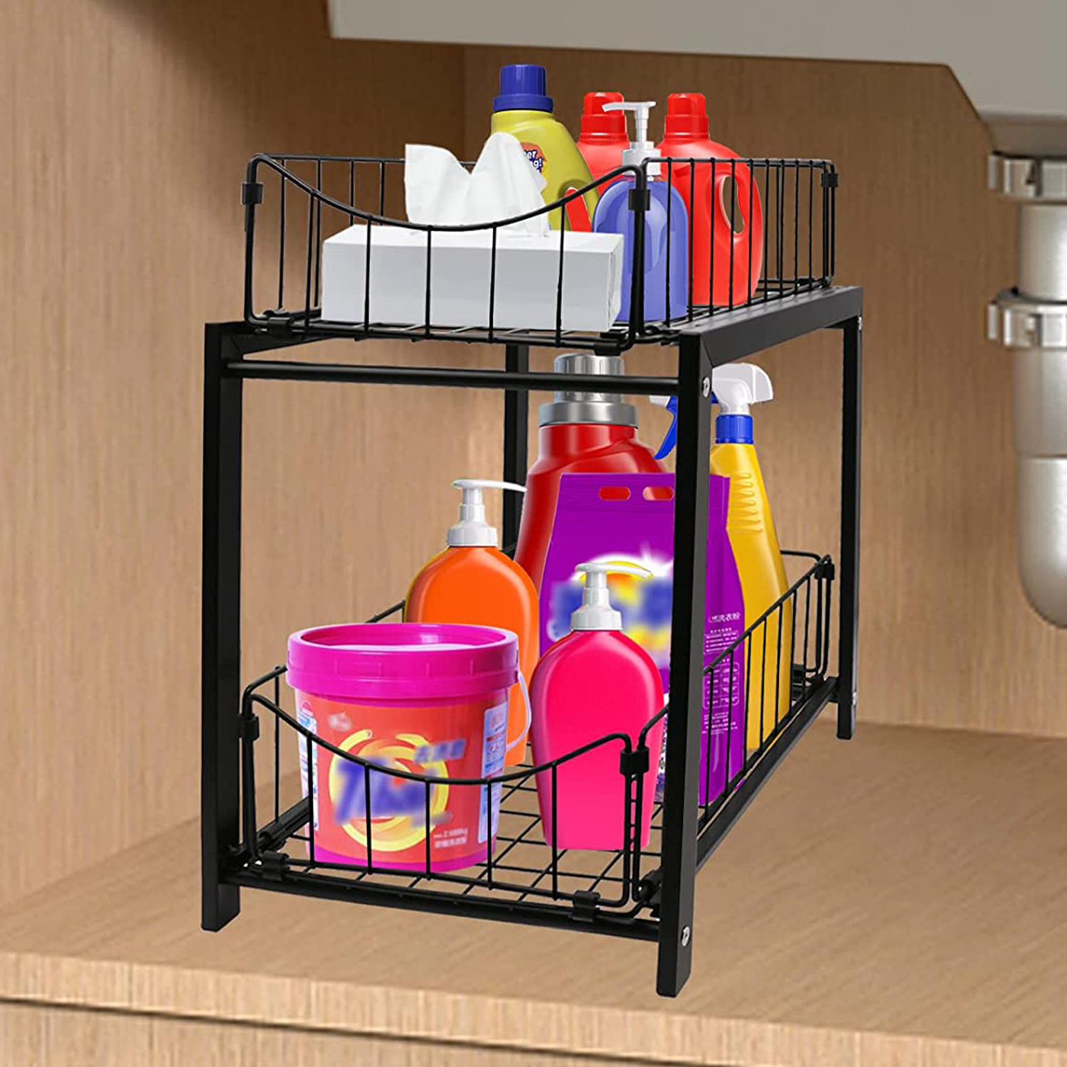 Under Sink 2-Tier Pull-Out Mesh Basket Rack Cabinet Drawer Basket Drawer Kitchen Organizer Bathroom Drawer Organizer