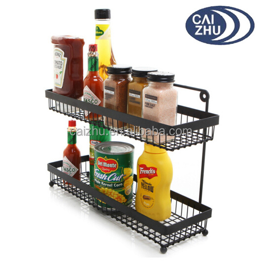 2 Tier Wire Frame Wall Mountable Metal Kitchen Spice Rack, Countertop Storage Shelves, Black