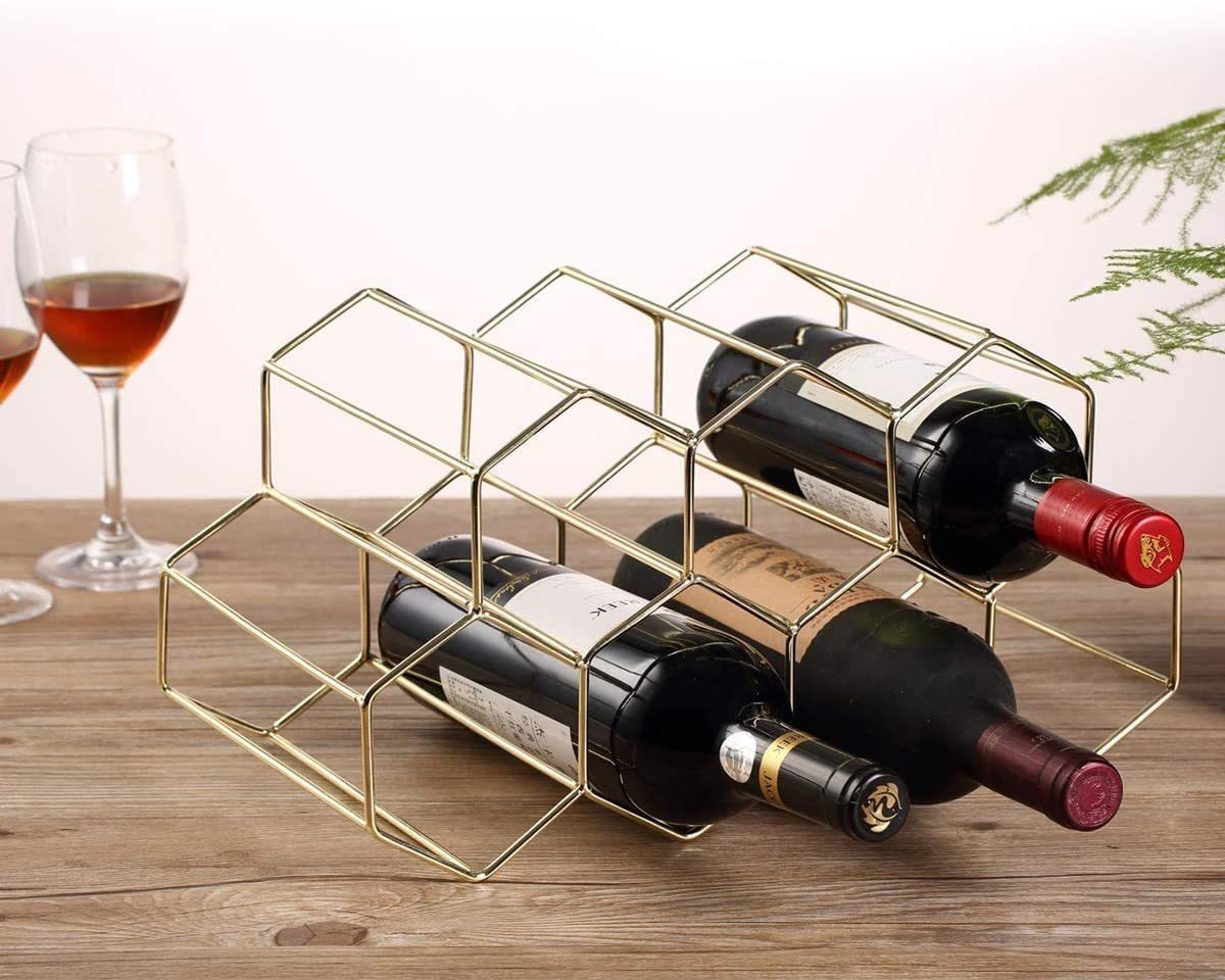 Gold Metal Wine Rack Freestanding Tabletop Wine Rack Holder Countertop Wine Bottle Holder - 9 Bottles