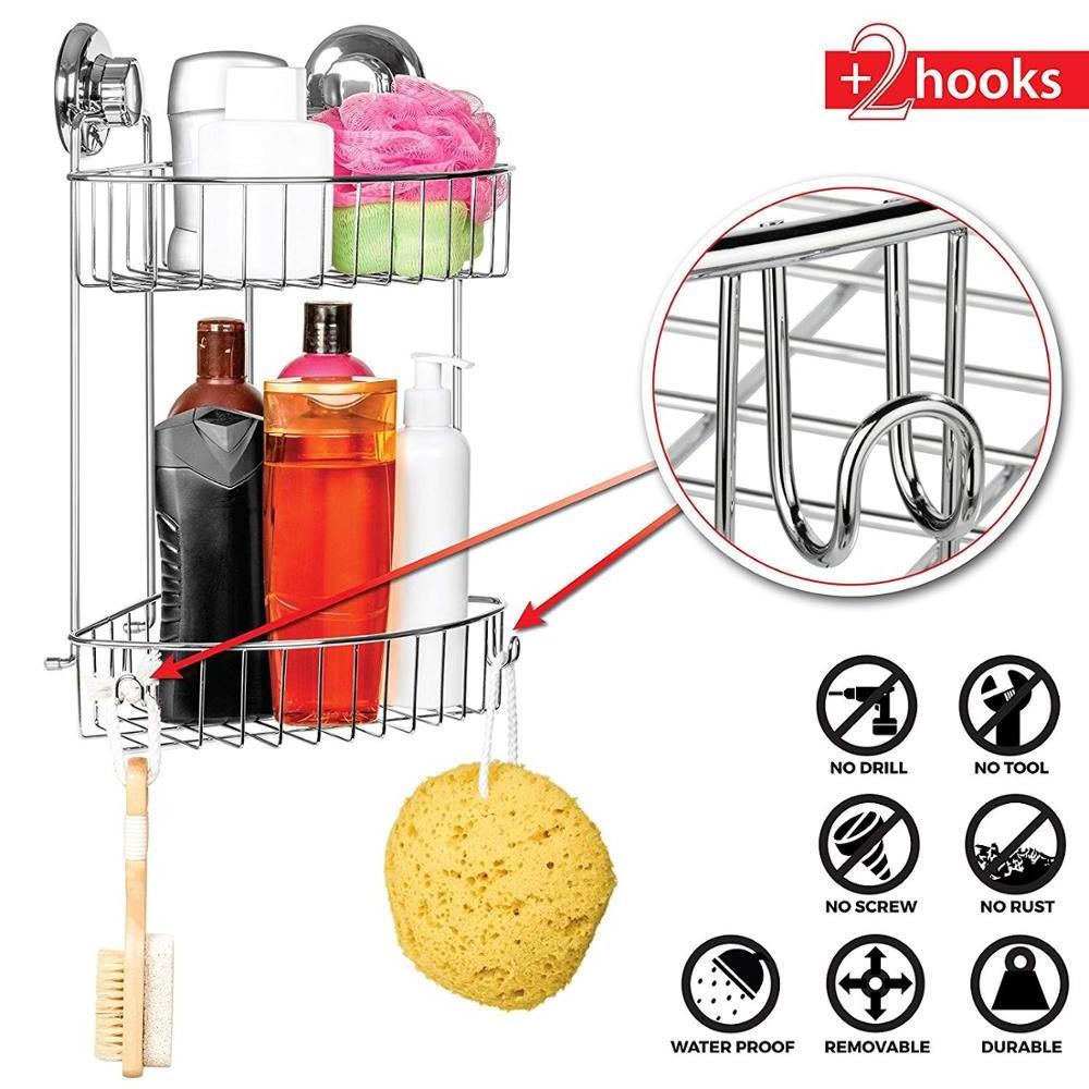 Suction Cup Corner Shower Caddy , Stainless Steel Polished Chrome Shelf 2 Tier Basket Holder for Bathroom and Kitchen