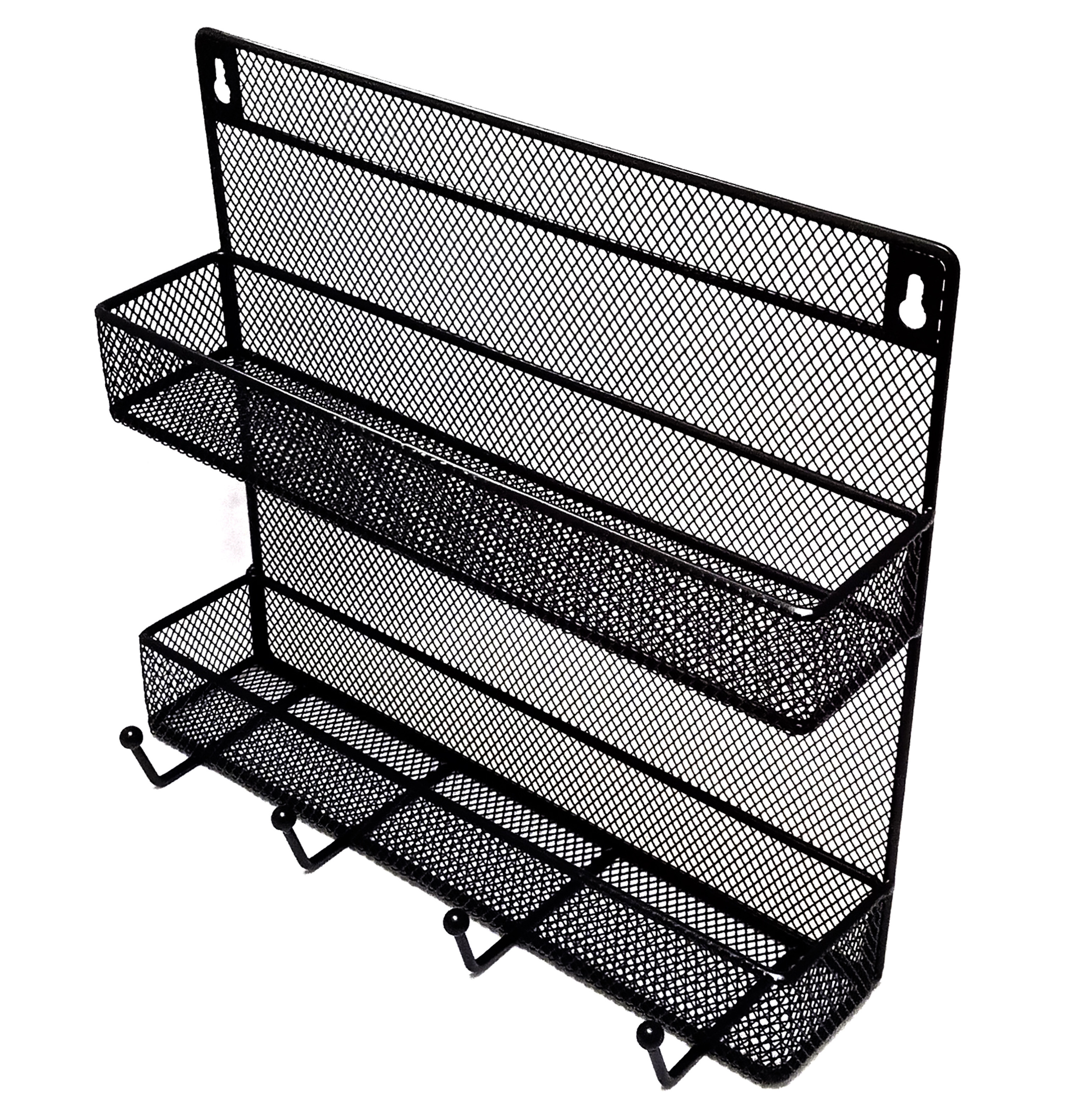 Wall Mounted Black Wire Mesh Metal 2 Shelf Multipurpose Spice Storage Organizer Rack W/ 4 Hanging Hooks