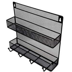 Wall Mounted Black Wire Mesh Metal 2 Shelf Multipurpose Spice Storage Organizer Rack W/ 4 Hanging Hooks