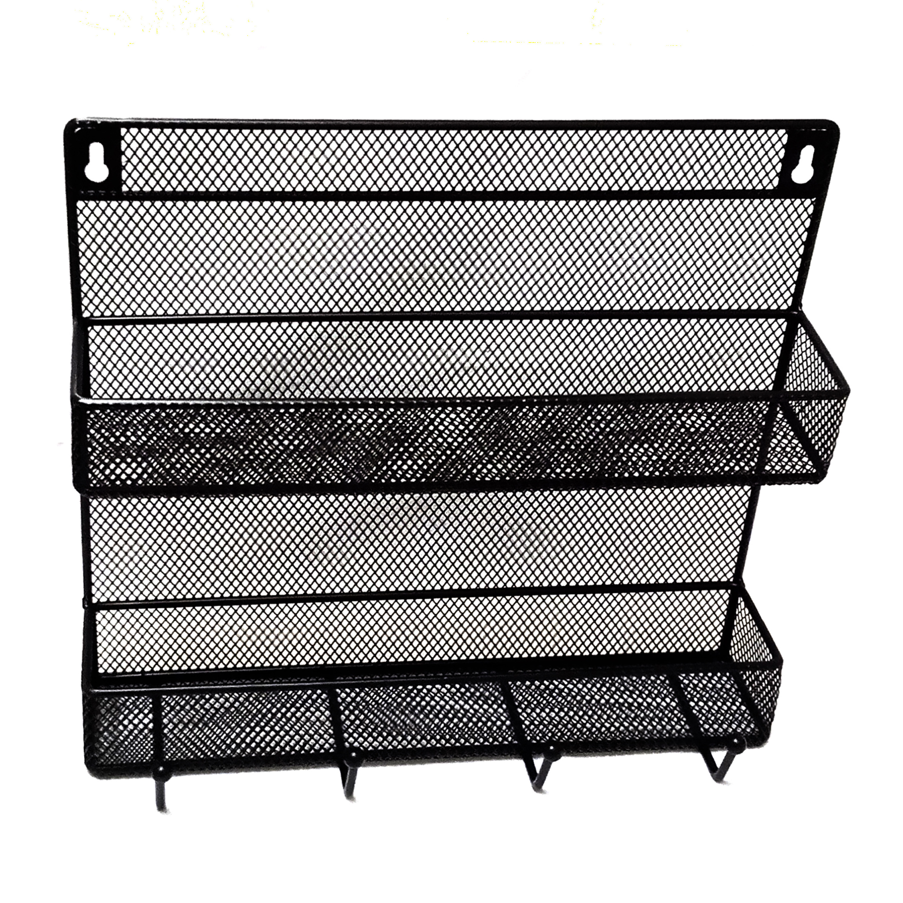 Wall Mounted Black Wire Mesh Metal 2 Shelf Multipurpose Spice Storage Organizer Rack W/ 4 Hanging Hooks