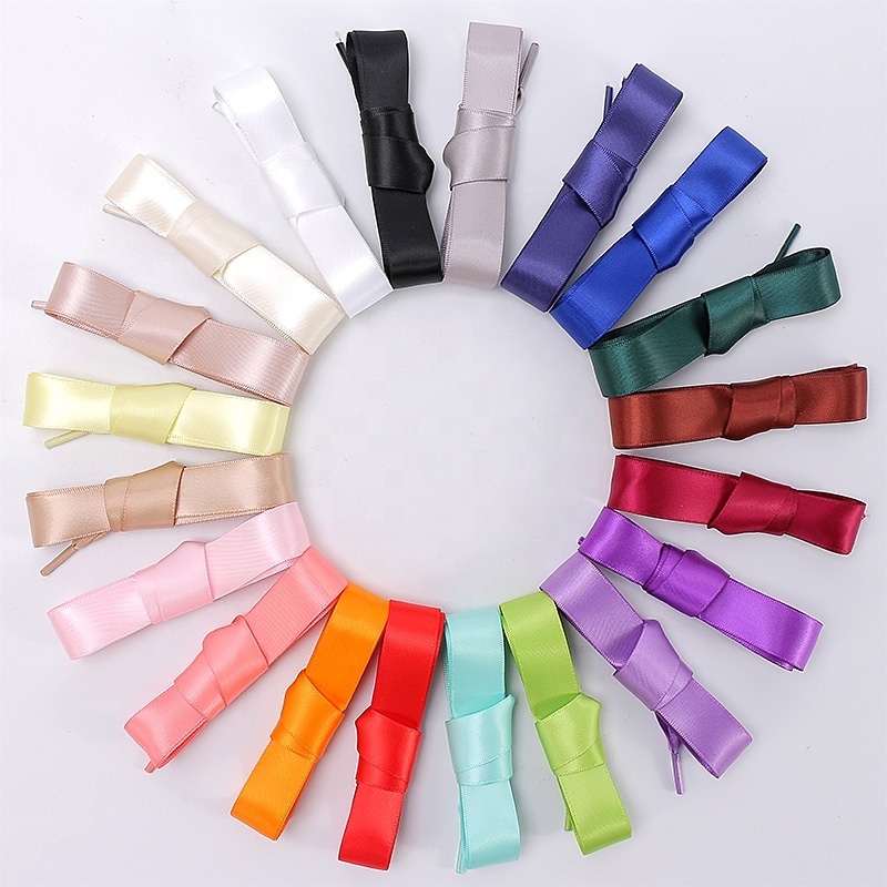 Cheap Wholesale Colorful Ballet Silk Shoe Lace Custom Fancy Children 20mm Flat Satin Ribbon Shoelaces for Lady Girls Sneakers