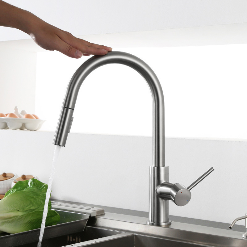 New Design Single Hole Smart Touch Kitchen Faucet Brass Pull Out Kitchen Sink Faucet