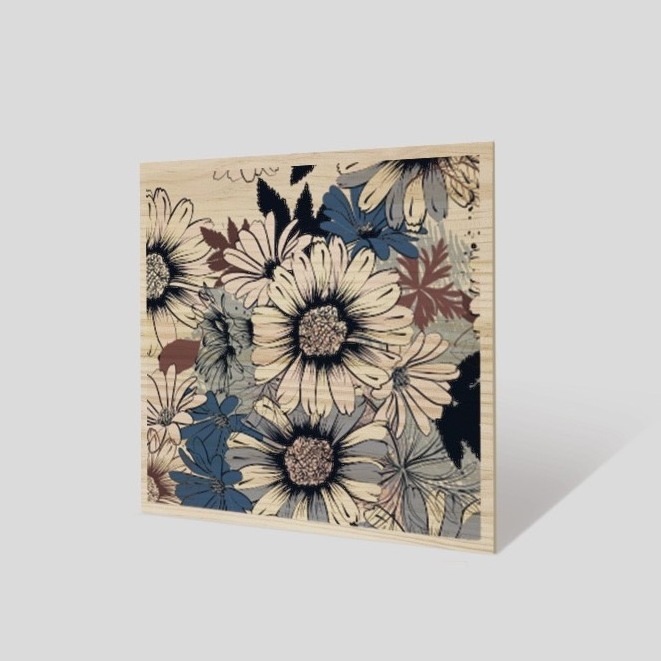 wall art blue chrysanthemum flower wood painting square for house decoration