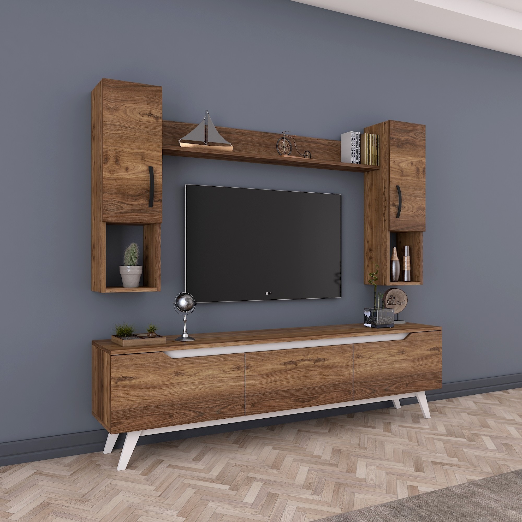 New Fashion - Rani D1 TV Stand M27 With Wall Shelves - Modern and Minimalist Design TV Cabinet- M-Walnut and White Color Tv Unit