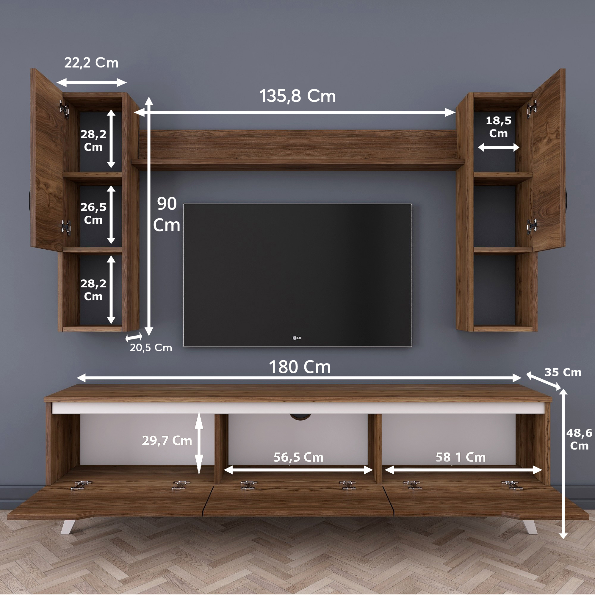 New Fashion - Rani D1 TV Stand M27 With Wall Shelves - Modern and Minimalist Design TV Cabinet- M-Walnut and White Color Tv Unit