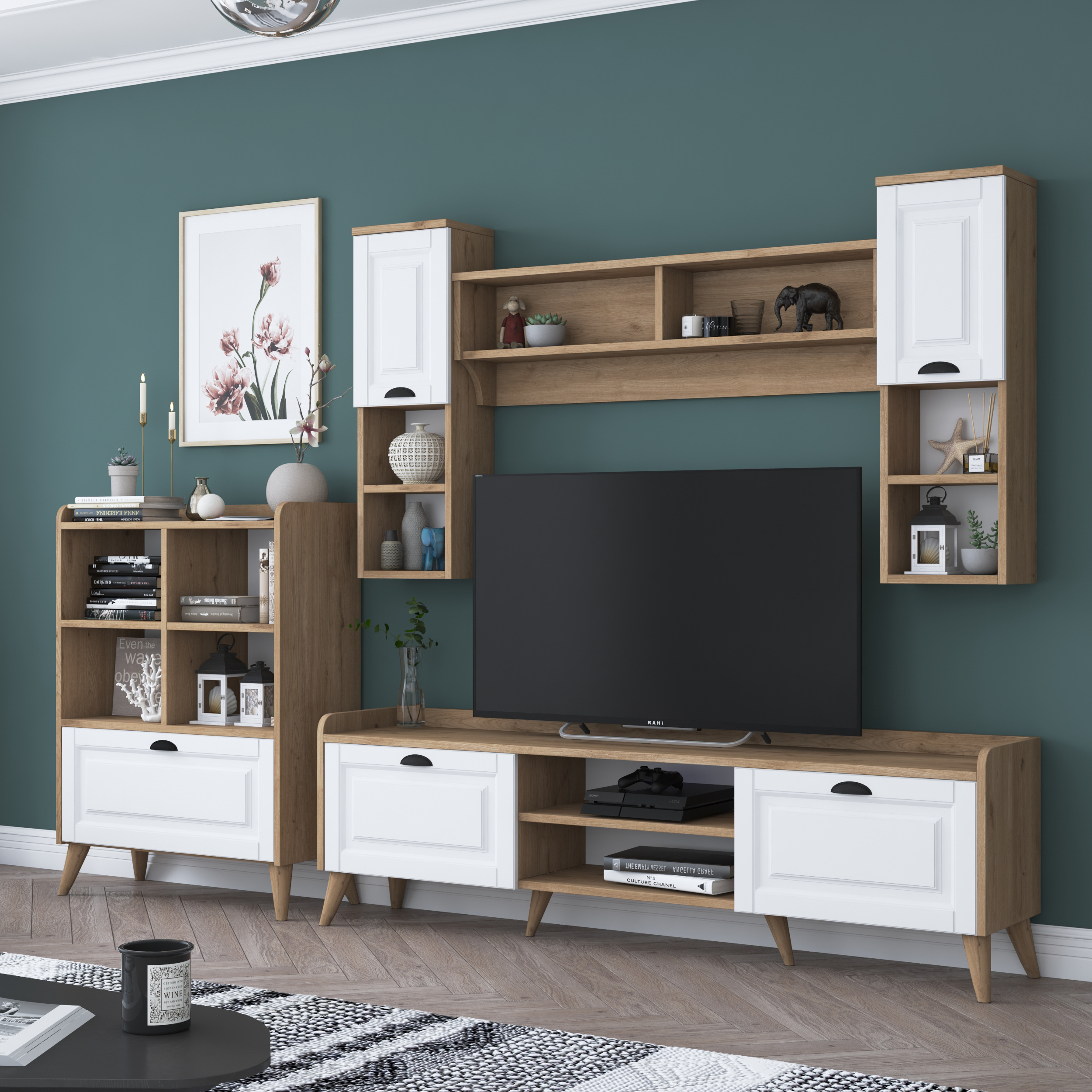 Rani AA101 M4 TV Stand TV Unit TV Cabinet With Bookcase Modern Minimalist White S-Walnut Color Wholesale Furniture 2554