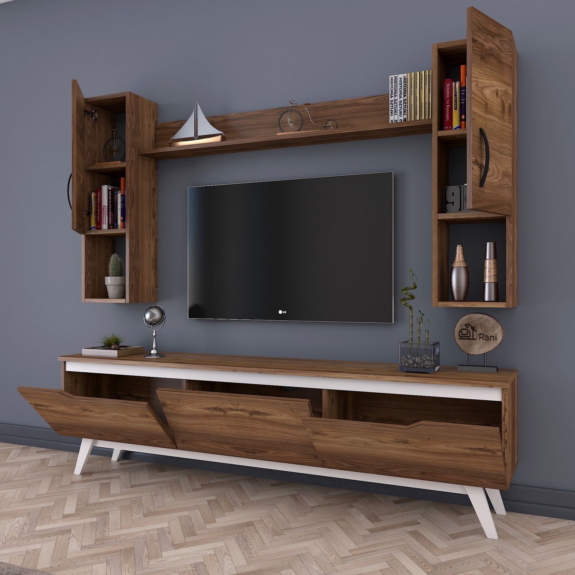 New Fashion - Rani D1 TV Stand M27 With Wall Shelves - Modern and Minimalist Design TV Cabinet- M-Walnut and White Color Tv Unit