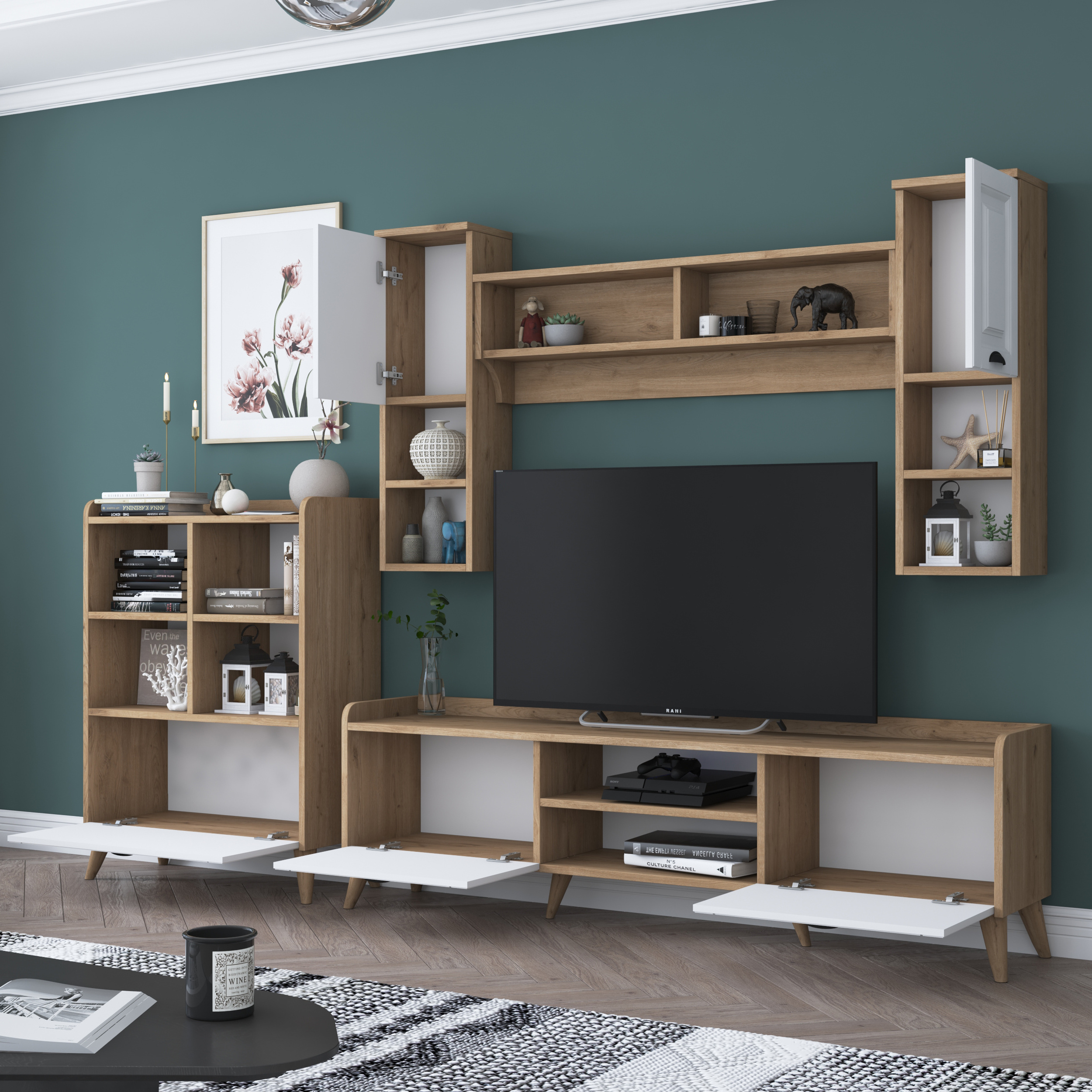 Rani AA101 M4 TV Stand TV Unit TV Cabinet With Bookcase Modern Minimalist White S-Walnut Color Wholesale Furniture 2554