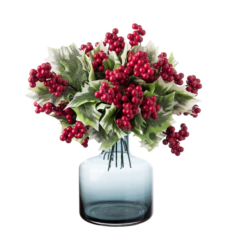 Artificial Christmas Flowers Long Stem Berry Branches Red Berry Leaf Spray GF15968