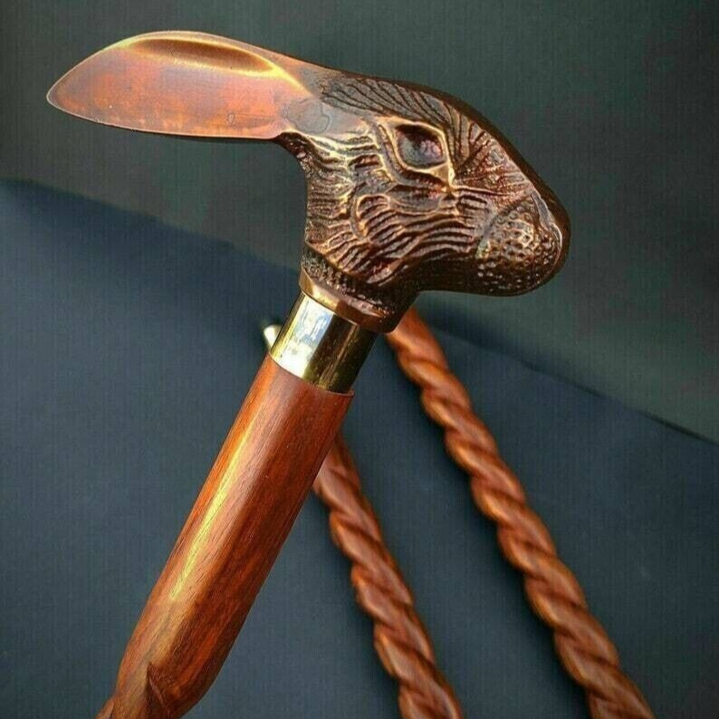 Antique Victorian Wooden Walking Cane Sticks Rabbit Head Handle Vintage Designer Handle Cane