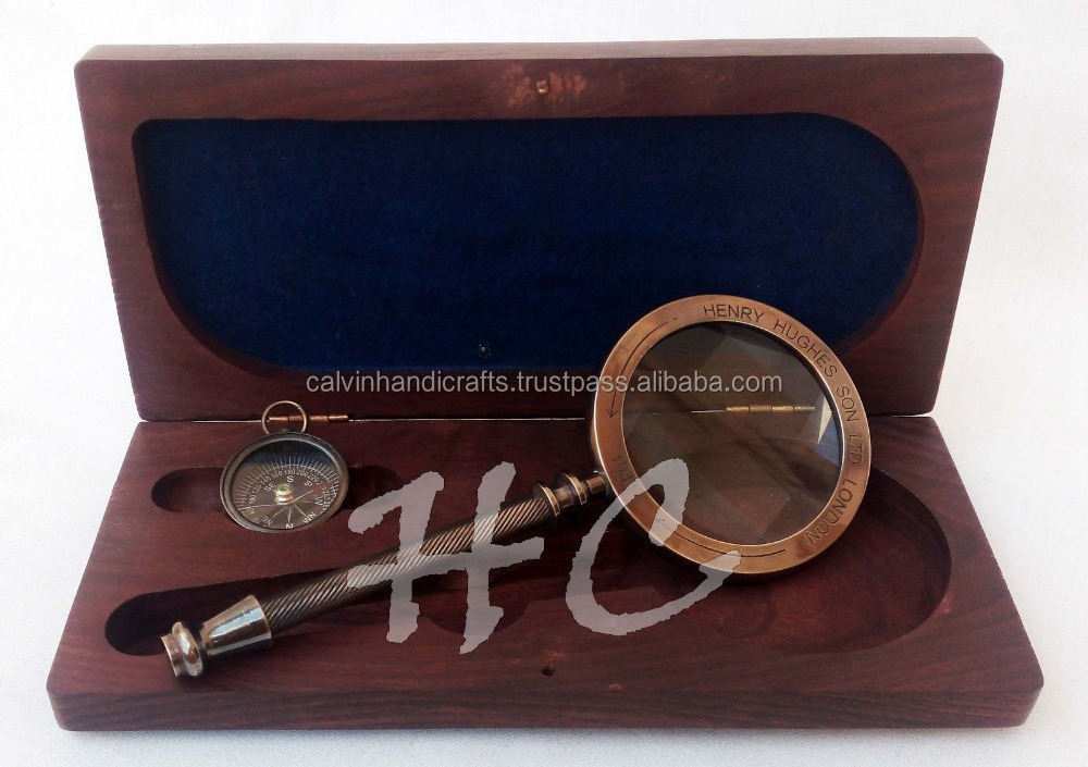 Set of Brass compass & magnifier In Wooden Box Vintage Brass Magnifying Glass Nautical Gift  CHMG40014