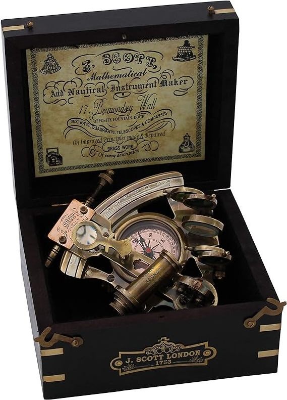 Handmade Astrolabe Brass Sextant inbuilt Compass with Hardwood Box.