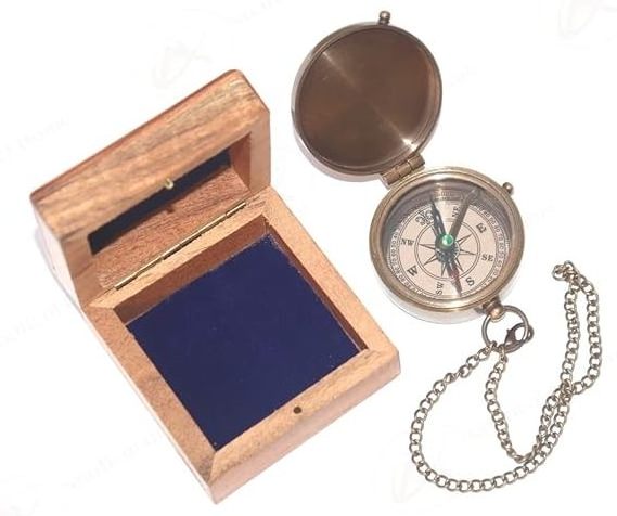 Nautical Art Home Thoreau s Go Confidently Quote Engraved Brass Compass with Carved Wooden Box  Brown Antique Brass Compass .