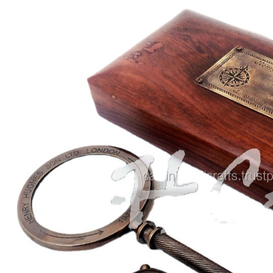 Set of Brass compass & magnifier In Wooden Box Vintage Brass Magnifying Glass Nautical Gift  CHMG40014