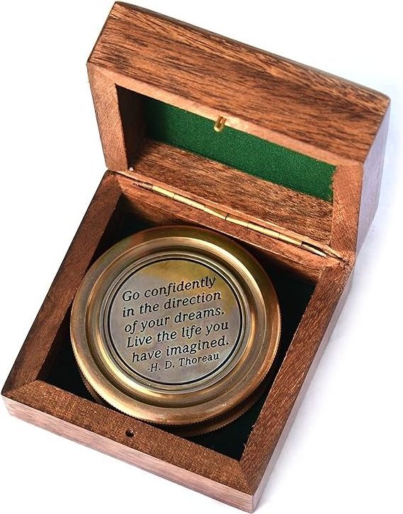 Solid Brass Thoreaus Go Confidently Quote Engraved Compass with Wooden Box Camping Compass Baptism Gift 2023 Graduation Day .