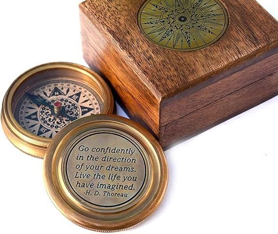 Solid Brass Thoreaus Go Confidently Quote Engraved Compass with Wooden Box Camping Compass Baptism Gift 2023 Graduation Day .