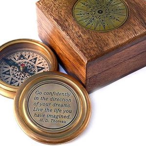 Solid Brass Thoreaus Go Confidently Quote Engraved Compass with Wooden Box Camping Compass Baptism Gift 2023 Graduation Day .