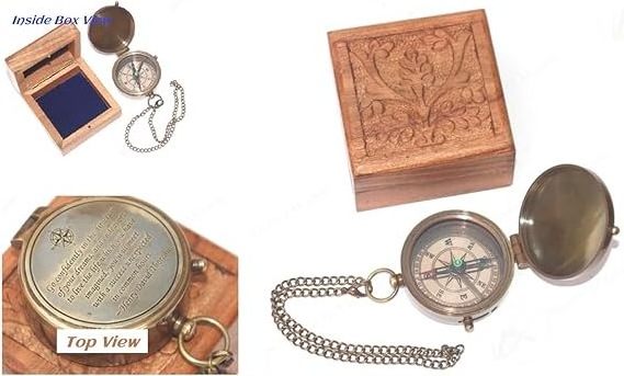 Nautical Art Home Thoreau s Go Confidently Quote Engraved Brass Compass with Carved Wooden Box  Brown Antique Brass Compass .