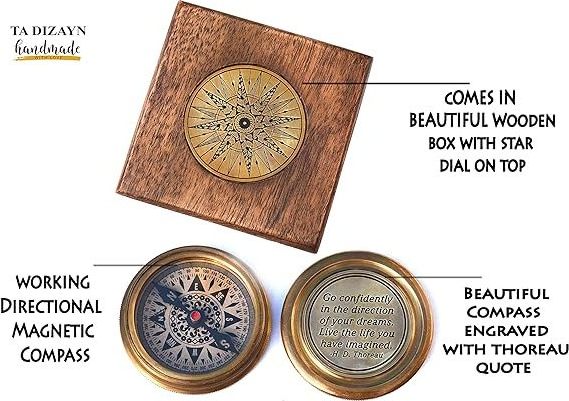 Solid Brass Thoreaus Go Confidently Quote Engraved Compass with Wooden Box Camping Compass Baptism Gift 2023 Graduation Day .