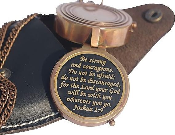 Brass Engraved Compass with Stamped Leather Case Birthday Gifts Confirmation Gifts Be Strong and Courageous Do Not Be Afraid