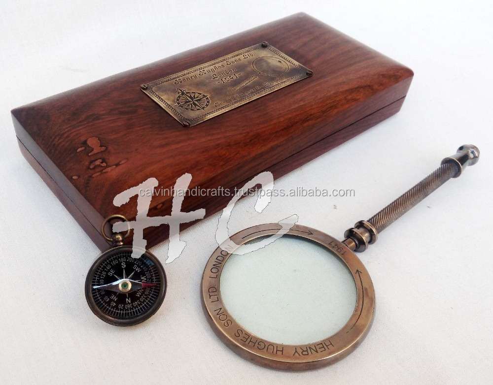 Set of Brass compass & magnifier In Wooden Box Vintage Brass Magnifying Glass Nautical Gift  CHMG40014