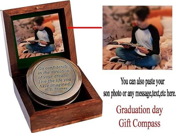 Solid Brass Thoreaus Go Confidently Quote Engraved Compass with Wooden Box Camping Compass Baptism Gift 2023 Graduation Day .