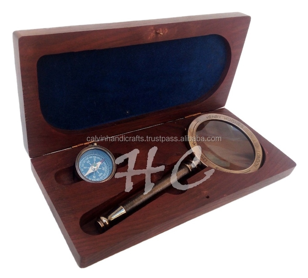 Set of Brass compass & magnifier In Wooden Box Vintage Brass Magnifying Glass Nautical Gift  CHMG40014