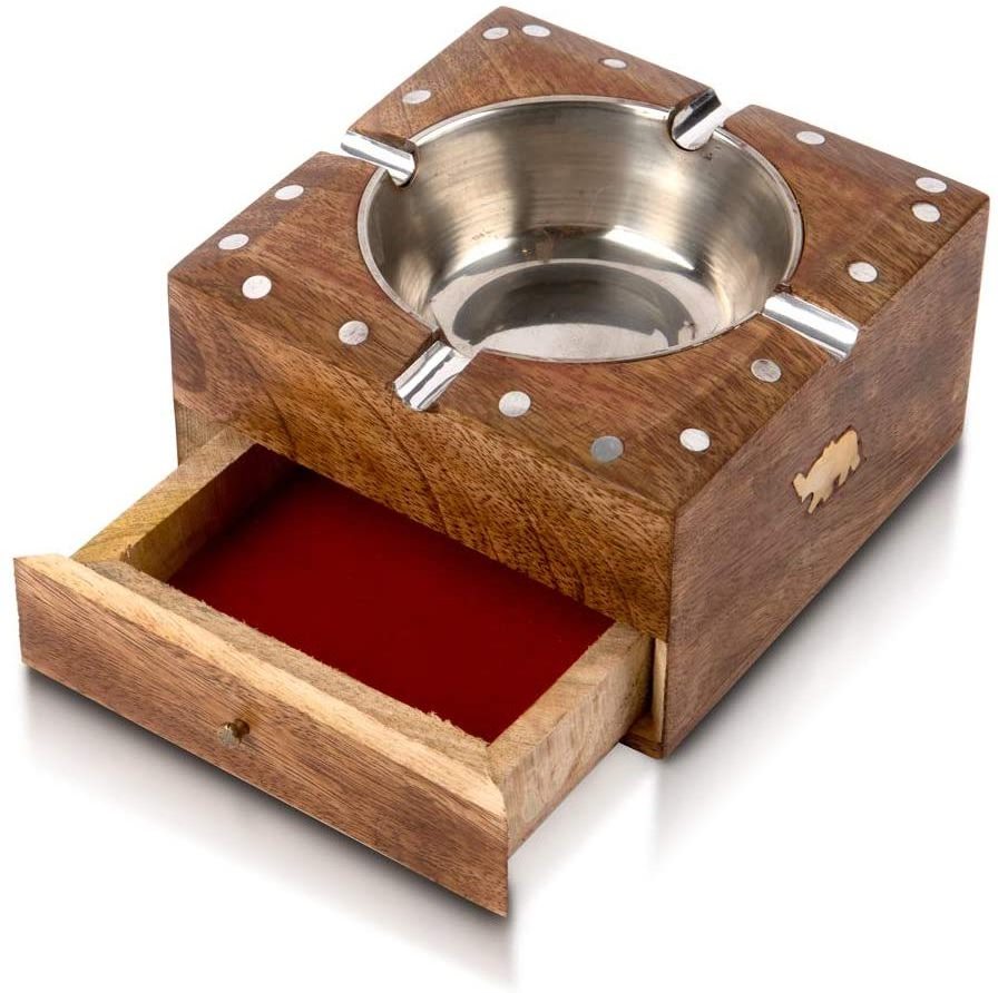 Handcrafted Cigarette Smoking Wooden Ashtray With Compartment For Home Living Room Office Patio Poker Coffee Tabletop CHWCHT001