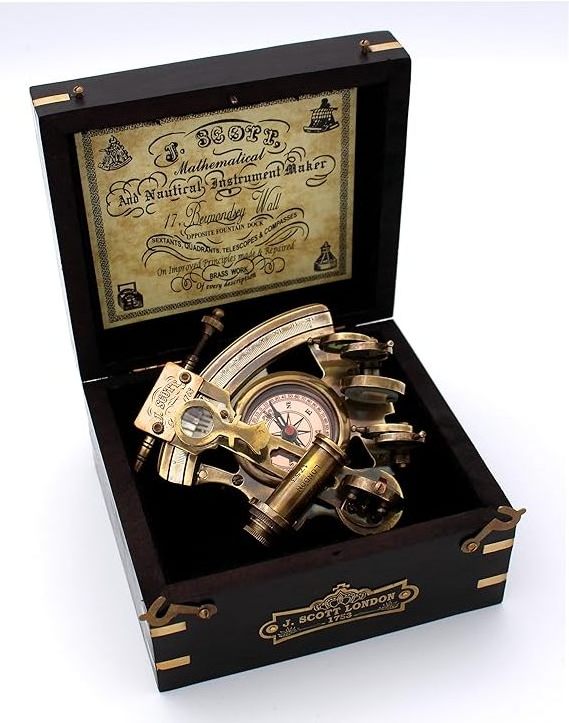 Handmade Astrolabe Brass Sextant inbuilt Compass with Hardwood Box.