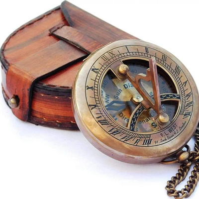 Calvin Handicrafts" Nautical Antique Brass Sundial Compass with Leather Case  Antique Brass Compass Vintage Nautical Sundial