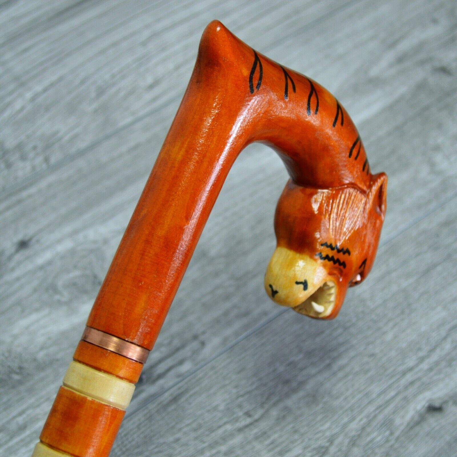 Cane Walking Stick Wooden carved Handmade - Tiger