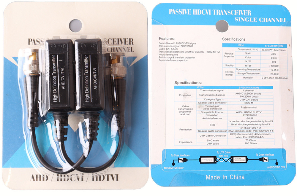 Passive HD Video Balun With Power and Audio Extension For CCTV IP Camera Supporting Full Hdcvi HD-TVI HD Video Balun Connector