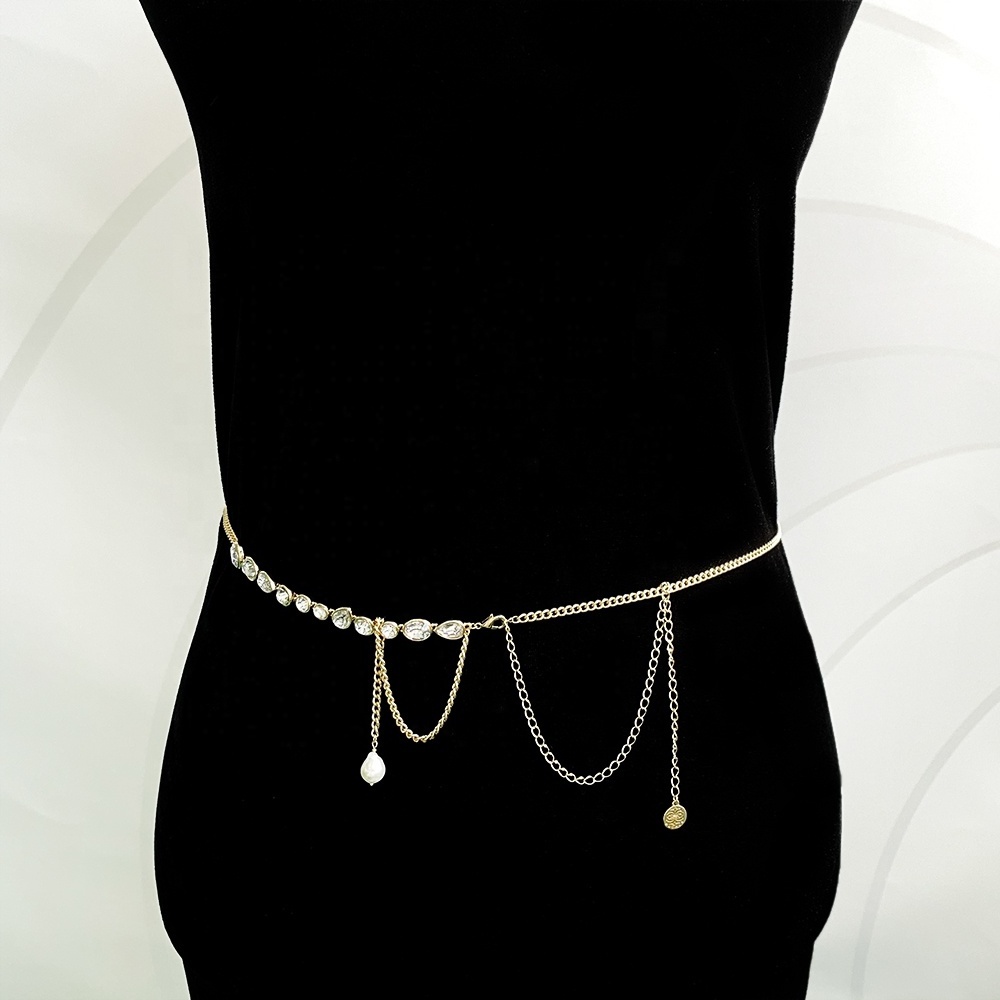 Fashion jewelry custom gold plated acrylic pearl diamond belly body waist chain for women