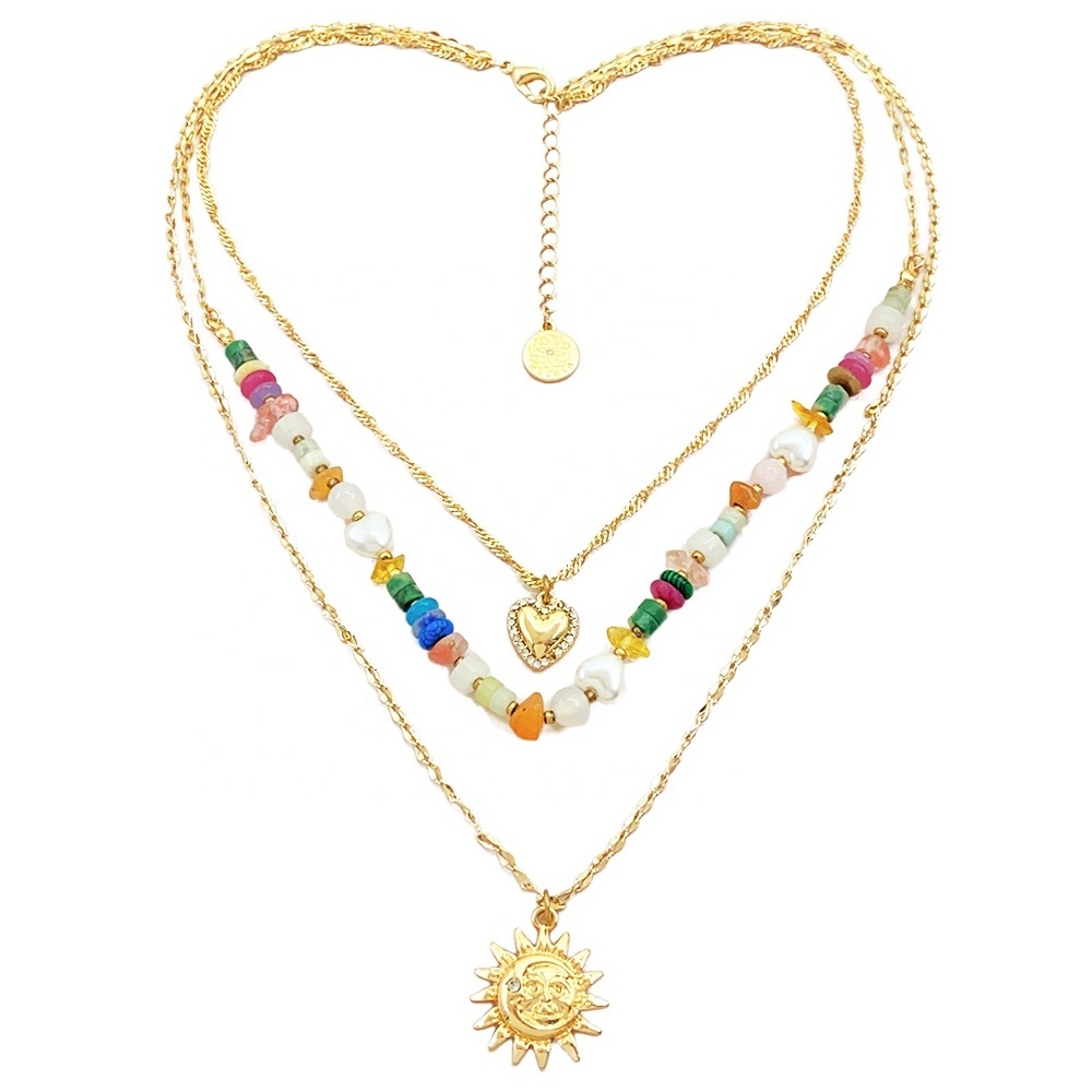 New Product Ideas multi layered link chain colorful stone beads diamond heart sun pendant necklace for women