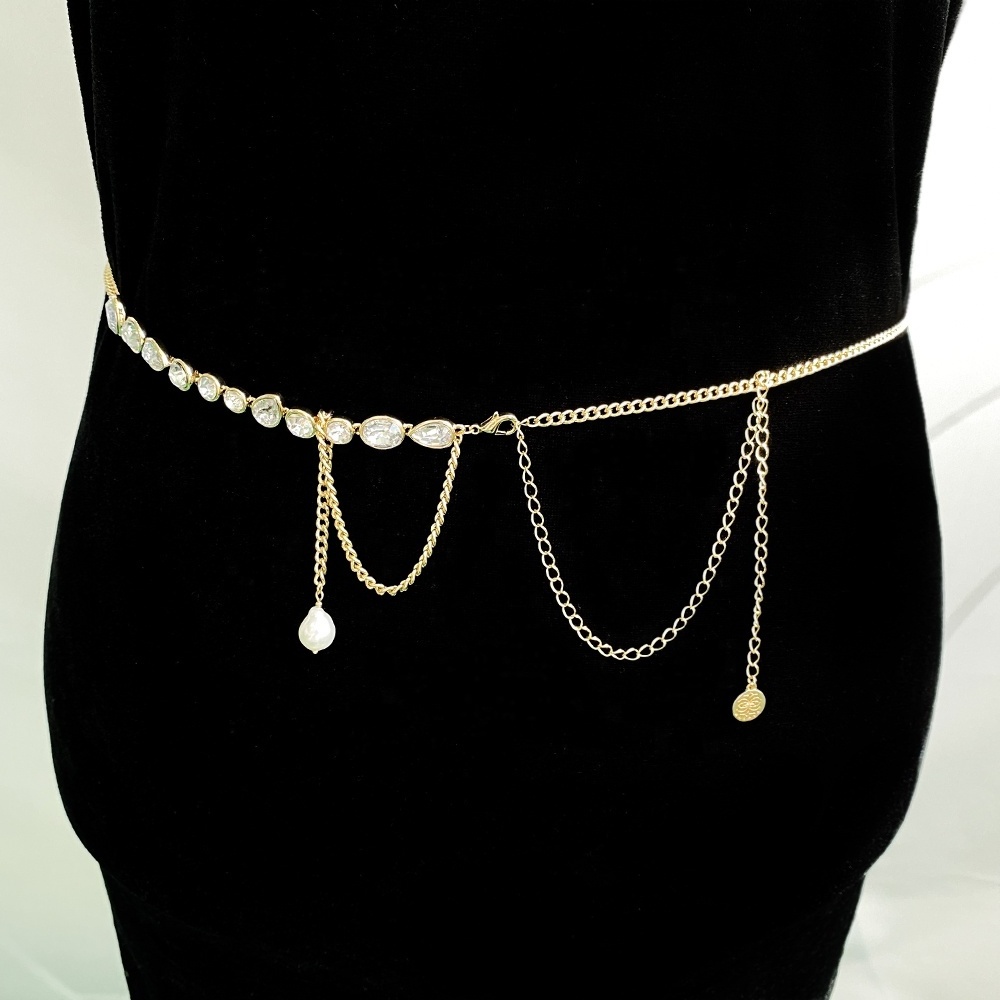 Fashion jewelry custom gold plated acrylic pearl diamond belly body waist chain for women